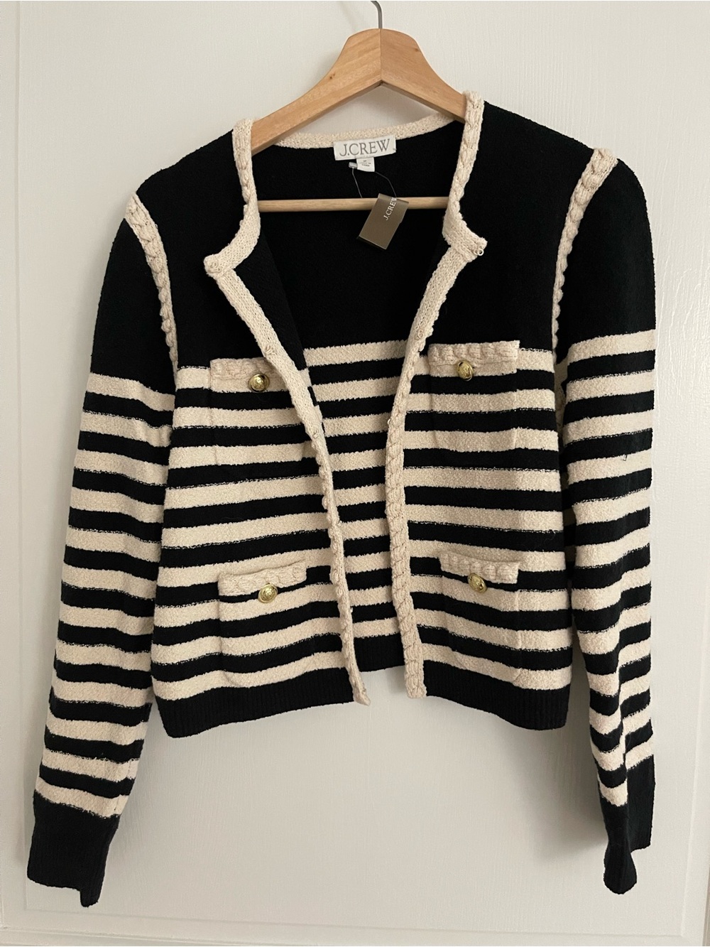 J. Crew Black and Cream Striped Knit Cardigan Jacket